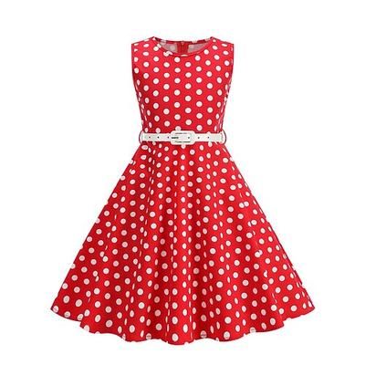 Anni 1950 Retrò Vintage Rockabilly Lunghezza Tè Vestito Abito Swing Vestito Svasato Senza maniche Pois Aderente Svasato Costume Ragazze Mascherata Tè Casual Quotidiano Bambini Vestito Cintura