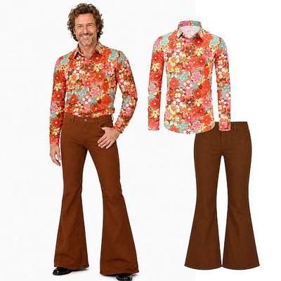Set Retrò Vintage Anni '70 Disco Pantaloni Camicia Lunghe Hippie Disco Stampa Floreale Costume Per uomo Halloween Carnevale Feste Festa / Sera Adulti Camicia Pantaloni