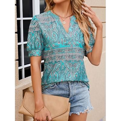Per donna Blusa Stampato Paisley Bohemien Vacanza Vintage Manica Corta Scollo a V Top Regolari Casuale Quotidiano Blu Nero Arancione Verde Estate Primavera