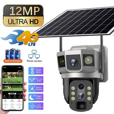 Caméra IP 4G avec carte SIM 4G, résolution 12 MP, résolution 6K, triple objectif, triple écran, zoom optique 10X, détection de mouvement, vision nocturne, moniteur de sécurité