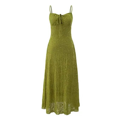 Robe d'été mi-longue vert olive pour femme, style bohème, sans manches, à nouer devant, idéale pour la plage et les vacances