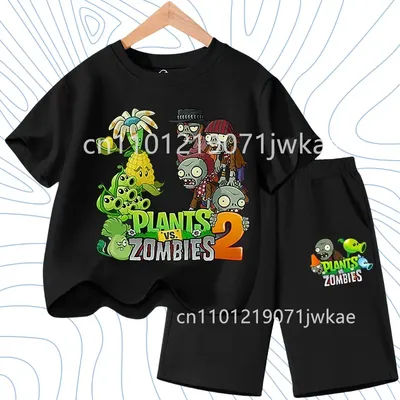 Ensemble T-shirt Enfant Street Fashion Garçons Filles Imprimé Mignon Plants Vs Zombies Été 2026 Tenue Quotidienne Décontractée 3-12 Ans