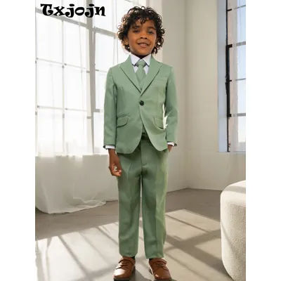 Costume vert menthe pour enfants, coupe ajustée, 3 pièces, tenue de performance, ensemble de costume classique à revers crantés pour garçons, vêtements pour invités de mariage, 2-20 ans, smoking