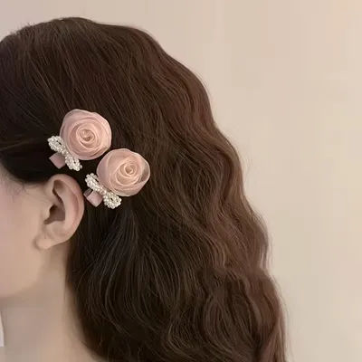 1pc/2pcs pink rose imitation pearl bow hair clips, suitable for women, sweet atmosphere bangs side clip duckbill hair accessory