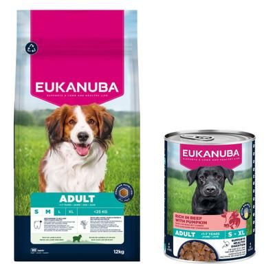 12kg Adult Small & Medium Breed Lamb & Rice Eukanuba Premium Nutrition Dry Dog Food + 3 x 400g Adult Rich in Beef with Pumpkin Eukanuba Wet Dog Food