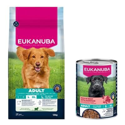 12kg Adult Large & Giant Breed Lamb & Rice Eukanuba Premium Nutrition Dry Dog Food + 3 x 400g Adult Rich in Beef with Pumpkin Eukanuba Wet Dog Food