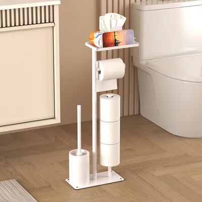 Floor standing toilet paper holder with toilet brush storage tray, magnetic paper holder, multifunctional bathroom tissue holder