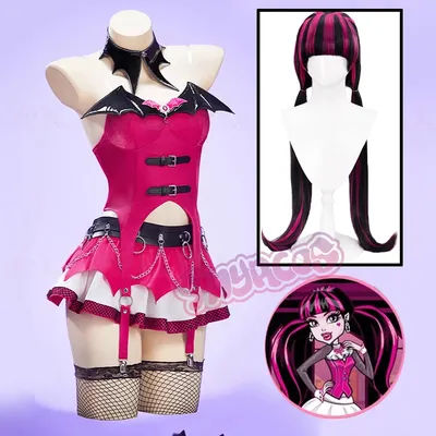 MMonster Cos HHigh Draculaura Cosplay Costume Wig Women Halloween Party Fantasy Uniform Dress Props Socks Brooch Earring