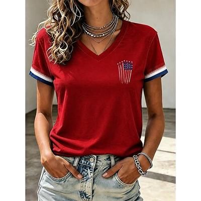 Giorno dell'Indipendenza Americana Per donna Maglietta Stampato Grafico Lettera Bandiera Americana Vintage Elegante Classico Manica Corta Scollo a V Top Regolari Casuale Quotidiano Blu Bianco Rosso