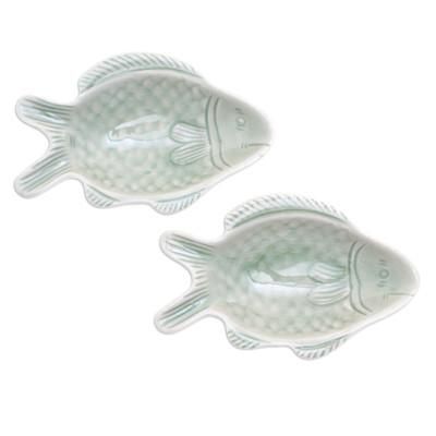 'Pair of Celadon Ceramic Fish-Shaped Snack Plates in Green'