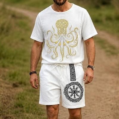 Set Medievale Rinascimento T-shirt Shorts Vichingo Texture effetto lino Costume Per uomo Halloween Carnevale LARP Fiera Rinascimentale Vacanza al Mare Adulti Shorts Maglietta Estate