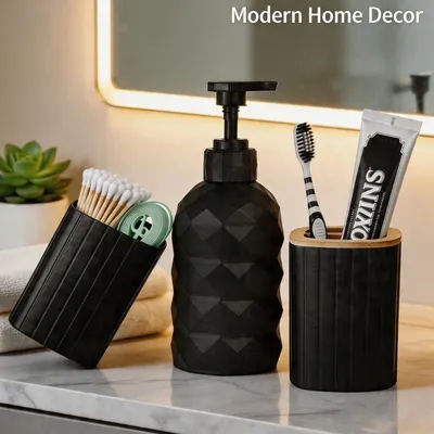 Black Bathroom Vanity Accessories, Lotion Soap Dispenser, Toothbrush Holder, Cotton Swab Container for Farmhouse Decor & Storage