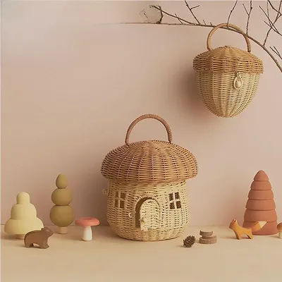 Handcrafted Wicker Mushroom Shaped Children's Room Decorative Storage Box Ins Oaknut Handbag Modern Style Creamy Tone Wooden ...