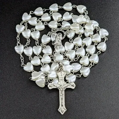 White/Pink Heart Rosary Necklace for Women Virgin Mary Cross INRI Pendant Long Chain Religious Prayer Jewelry Accessory