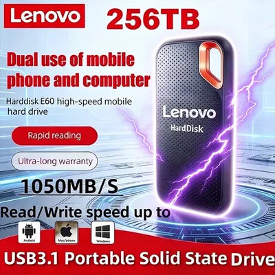 Lenovo E60 Mobile Hard Disk 256TB 2TB 8TB 128TB USB 3.1 External HDD for Laptop PS5 - High-Speed SSD Storage Device