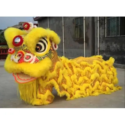 Lion Dance Mascot Costumes Chinese Folk Parade Yellow Wool Southern Lion Outfits for Halloween Xmas Carnival Fancy Advertising