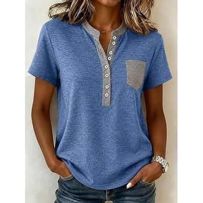 Per donna Maglietta Tinta unica Vintage Elegante Essenziale Manica Corta Henley Top Regolari Casuale Quotidiano Blu Nero Bianco Rosa Grigio Estate Primavera Autunno
