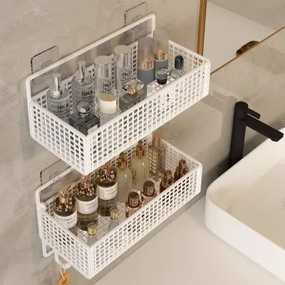 Bathroom Wall Mounted Storage Rack No Drilling Toilet Washroom Shelf Wash Basin Hanging Basket Wall Mounted Organizer