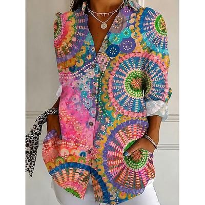 Per donna Camicia Bottoni Stampato Grafico Geometrico Elegante Vintage Quotidiano Manica Lunga Colletto a Camicia Top Regolari Casuale Quotidiano Lavoro Rosa Estate Primavera Autunno
