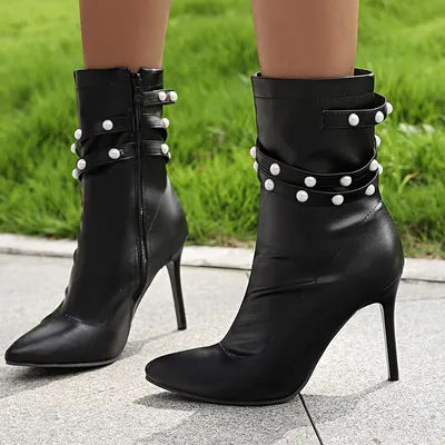 YQBTDL 2026 Sexy clouté perles ceintures décor bottes cheville haut talon mince chaussures hautes pour femmes sur talons Zapatos Para Mujere noir