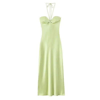 Robe midi en satin vert lime pour femme, dos nu, élégante, pour soirée, robe de soirée sexy, Vestidos