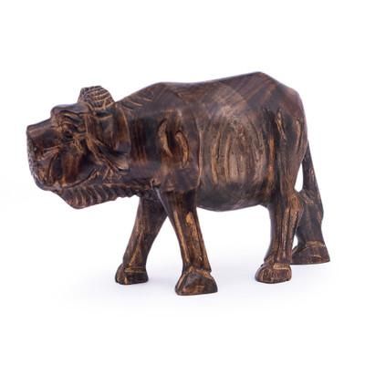 'Animal-Inspired Dark Brown Sese Wood Sculpture of Buffalo'