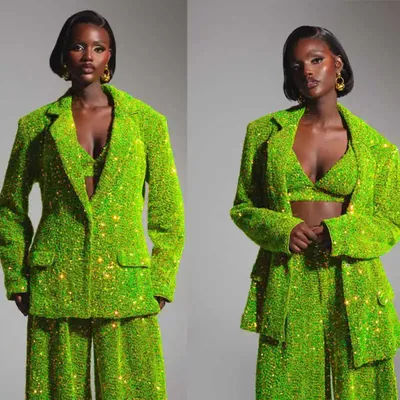 Ensembles de pantalons personnalisés vert vif pour femmes, tenue de soirée pour dames, veste à paillettes, tenue de Rh, fête d'anniversaire, designer, 3 pièces
