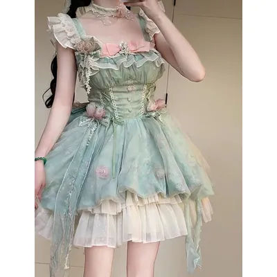 Robe de soirée d'anniversaire verte Chic coréenne pour femmes, nouvelle collection d'été, taille douce, Slim, robes courtes japonaises, tenues féeriques Lolita à fleurs, 2025