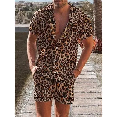 Chemise hawaïenne d'été 2 pièces pour hommes, imprimé léopard 3D, manches courtes, pantalon court, ensemble couverture, mode tropicale, plage, bleu, violet, marron
