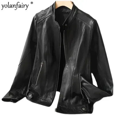 YOLANFAIRY printemps manteau en peau de mouton naturel 100% veste en cuir véritable femme col montant court plante tanné veste de moto
