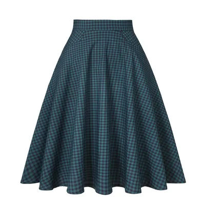 SISHION 2025 femmes 50s 60s Vintage vert jupe à carreaux SS0024 coton taille haute femmes une ligne jupes mi-longues avec poches