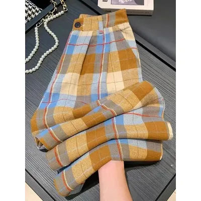 Vintage automne Plaid pantalon à jambes larges femmes décontracté ample taille haute rétro pantalon poches américaines dame haute qualité pantalon droit