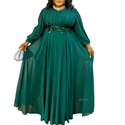 Robe plissée en mousseline de soie verte pour femmes, élégante, col en V, manches bouffantes, avec des Appliques florales, taille, robes de fête de mariage, d'église