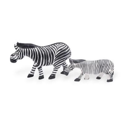 '2 Hand-Carved Wood Figurines of a Zebra Mother with Calf'