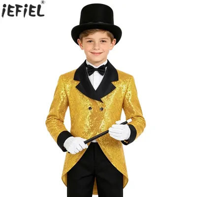 Kids Boys Circus Ringmaster Magician Costume Long Sleeve Double-breasted Sequin Tailcoat Jacket with Bowtie Hat Gloves And Wands
