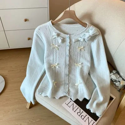 Mode coréenne doux nœud tricot Cardigan 2025 femmes automne nouveau col rond à manches longues hauts femme doux pull hauts