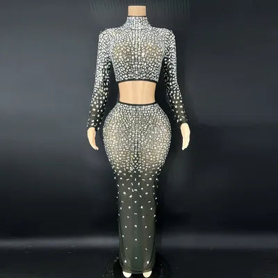 Robe de soirée en maille pour femme, diamant nu, cristal, robe de tapis rouge, robe de toast de mariage chinois, chic et élégante, 2 pièces