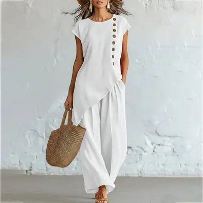 Ensemble 2 pièces décontracté d'été pour femme : haut à col rond boutonné à manches courtes et pantalon ample à jambes larges, haut asymétrique, idéal pour les vacances à la plage