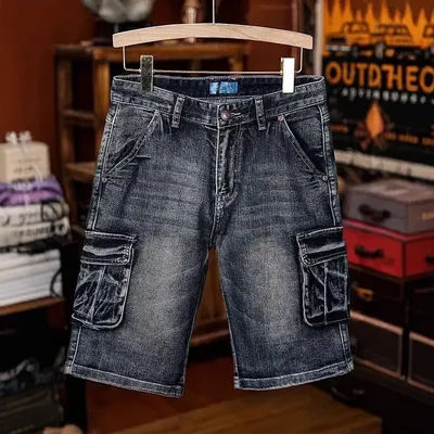 Shorts en jean pour hommes et femmes, haut de gamme, avec poches 3D, style workwear, délavé, rétro, longueur cinq-quarts