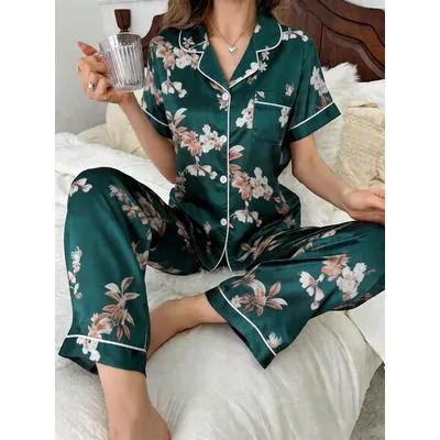 Ensemble pyjama en satin de soie pour femmes, imprimé floral vert, manches courtes, pantalon long, 2 pièces, vêtements de détente, vêtements de nuit boutonnés