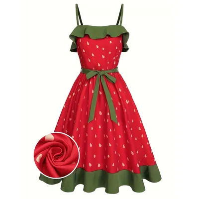 Robe grande taille imprimé fraise pour femmes, rouge, sans bretelles, garniture en dentelle verte, robe d'été, livraison gratuite