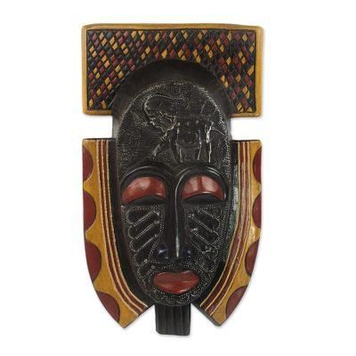 Osunu,'Hand Carved Hand Painted Sese Wood Aluminum African Mask'