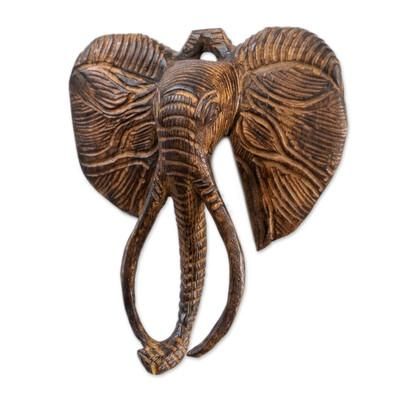 Osono Ti,'Textured Carved Wood Wall Mask with African Elephant Motif'