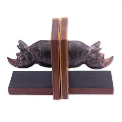 Rhino Bounds,'Hand-Carved Distressed Wood Bookends with Rhino Motif'