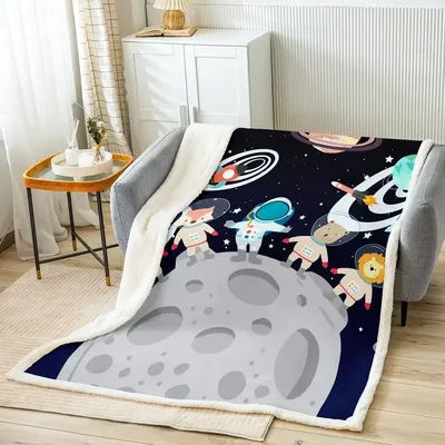 Outer Space Throw Blanket with Cartoon Animals and Astronauts Galaxy Planets Rockets Design for Kids Soft Couch Sofa Bed Blanket