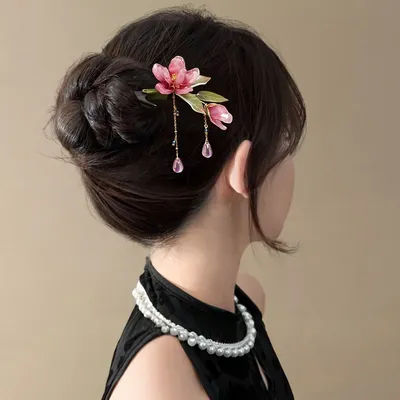 1Pc Floral Hair Stick Chinese Style Hairpin, Pink Flower Tassel Retro Traditional Hanfu Elegant Hair Accessory For Women Daily P