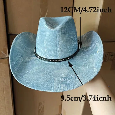 Chapeau de cowboy en jean imprimé unisexe, style western à large bord, chapeau jazz réglable, chapeau de soleil vintage pour homme et femme, idéal pour l'extérieur