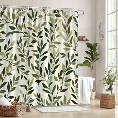 Leafy Branches Shower Curtain - Green & Brown Botanical Design, Light Cream Background, 12 Hooks, Machine Washable, Bath Deco