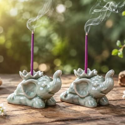 Wind Sages,'Elephant-Shaped Green Celadon Ceramic Incense Holder Pair'