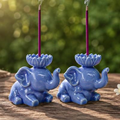 Grand Serenity,'Crackled Ceramic Elephant Incense Holder Pair in Blue Hues'